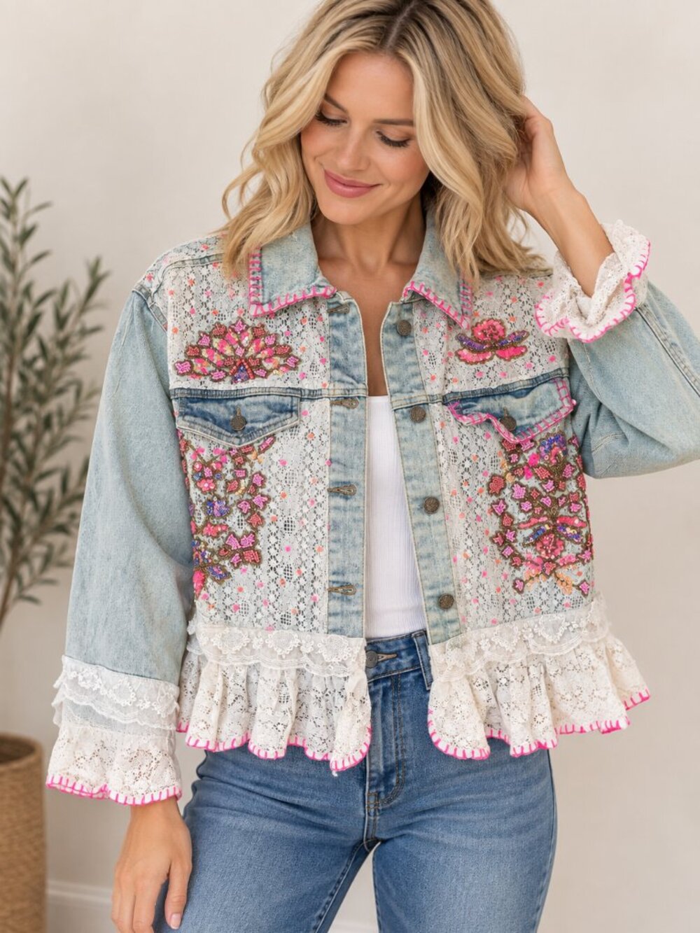 388. POL Hand Embroidered Floral Denim Jacket 100% COTTON